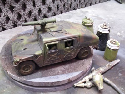 This 1/24 scale Miniature Humvee was created by Fonco and used in multiple productions including MORAV, What Happened, Celebrity Robot Battle and Kaiju Fury.	