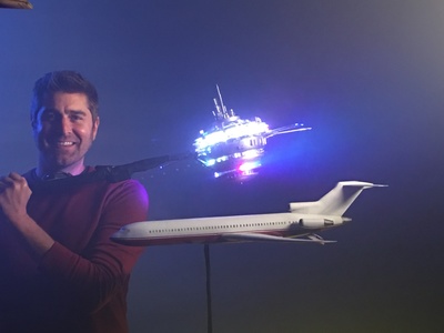 We created this 1/72th scale Boeing 727 miniature and FX lighting UFO miniature that was used by Tory Belleci in the DB Cooper episode of the White Rabbit Project on Netflix. 	