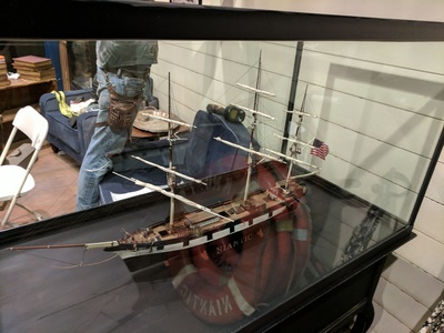 This is a scale model of the ship Niantic we designed and fabricated for the Niantic themed lobby in San Francisco. 	
