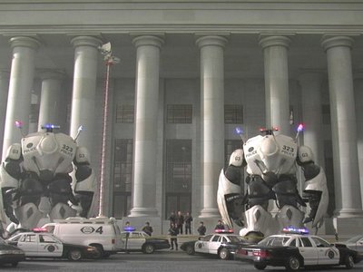 These miniature MORAV Gen 3 Giant Police Robot are responding to city riots  at the Capital; all this was fabricated and shot for the live action series "MORAV: Missions."	